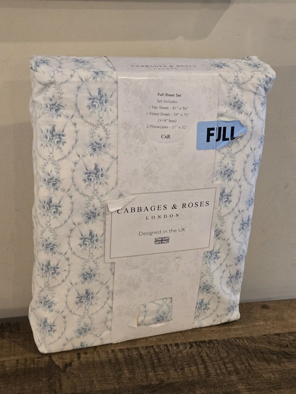 Cabbages & Roses 100% Cotton Percale 4 Pc Full Sheet Set Julia China Blue